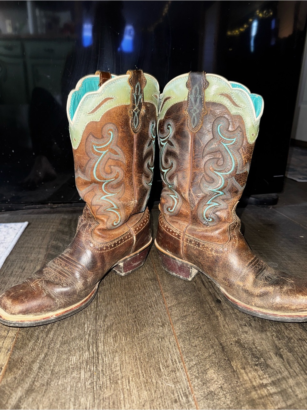 Justin Boots Brown Leather Western Boots with Turquoise Accents